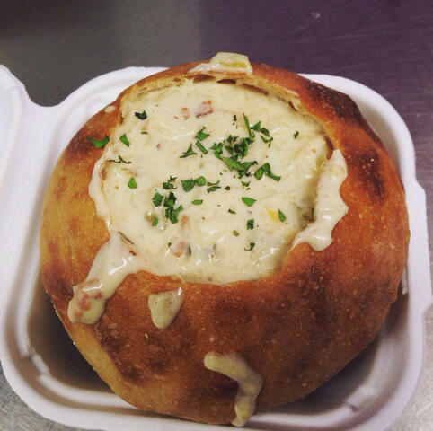 Clam chowder in a bread bowl