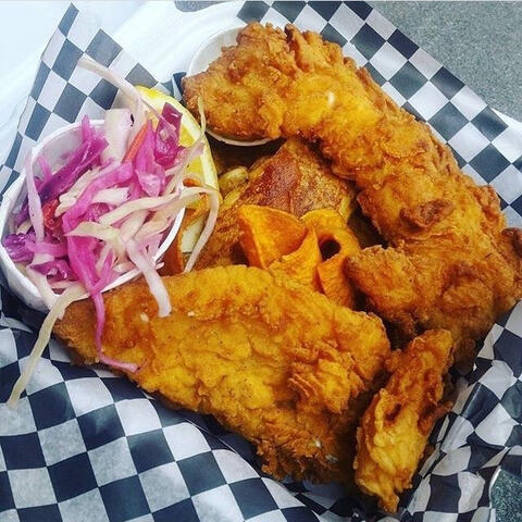 Fish & chips (Ad Mare chips - potato, sweet potato, and beets)