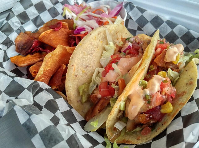Fish taco platter with truck-made chips (Photo by Murray W.)